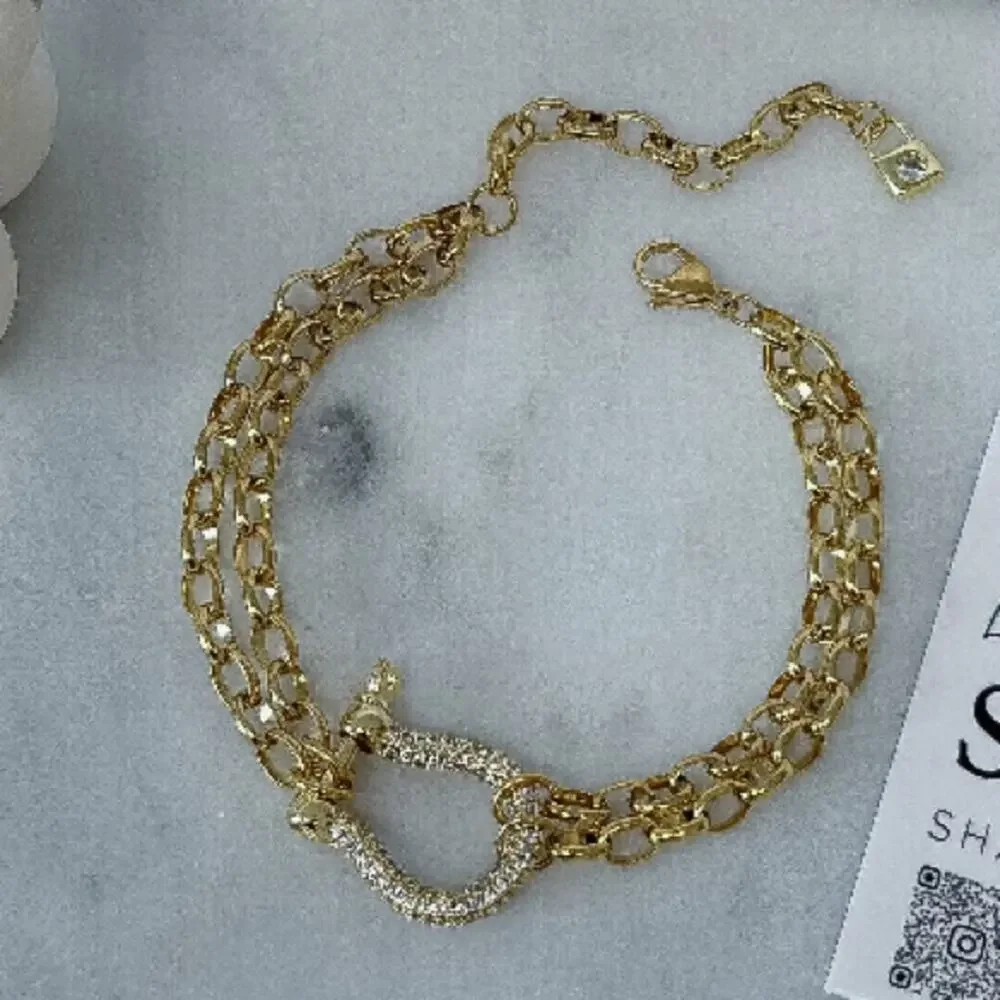 Gold Zircon Horseshoe Chain Link Bracelet Horse Lovers Gift